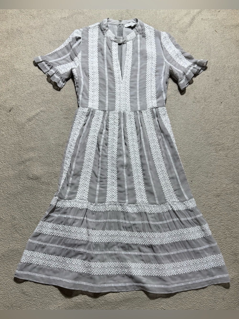 Endless Rose Dress Womens Small Gray White Striped Eryn Crochet Midi High Neck